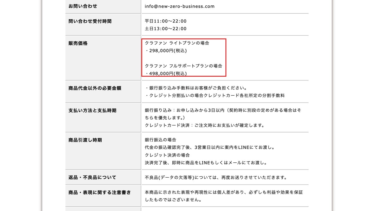特定商取引法に基づく表記の販売価格298,000円と498,000円